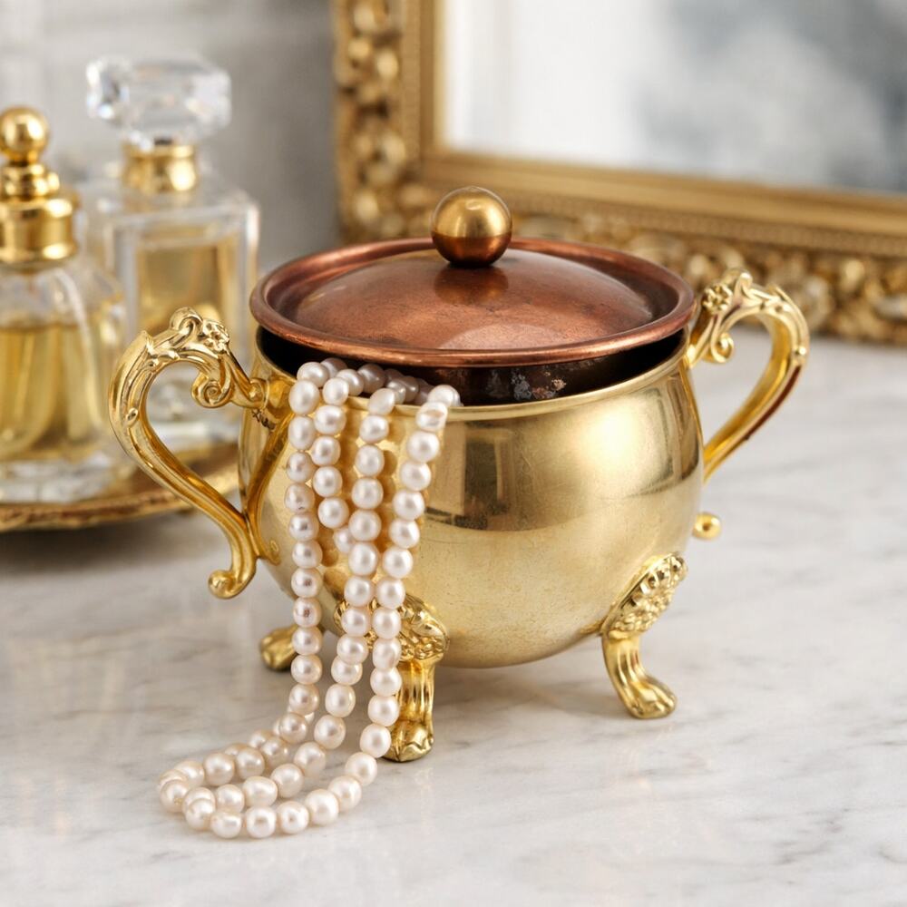 Vintage Gold Plated Footed Trinket Box Ornate Vanity Jar Copper Tone Lid